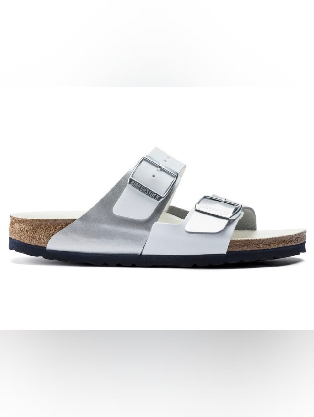 Birkenstock Arizona Two-Strap Sandal in Silver/White Size 39